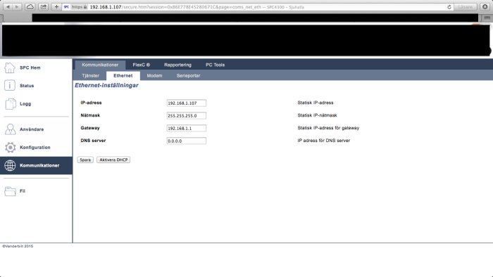 Skärmdump av nätverksinställningar med IP-adress, nätmask, gateway och DNS server fält, inställt till 192.168.1.1.