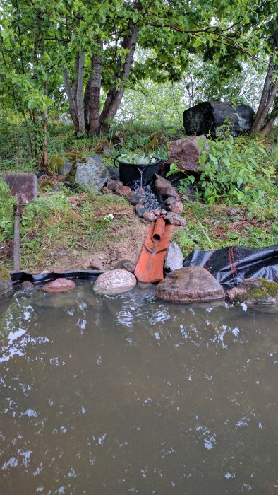 Hink med flytväxter som fungerar som filter vid en dammkant, med vattenränna av tegelrör och omgivande stenar och vegetation.