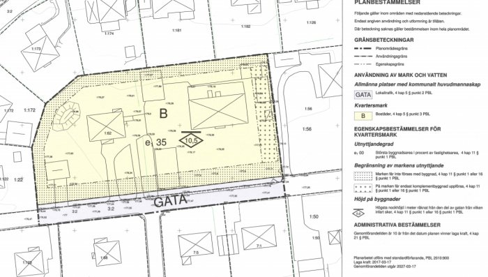 Detaljplan med bebyggelseprocent och nockhöjd indikerad för område B, utan prickade/korsade ytor.