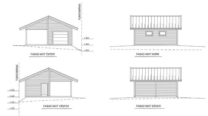 Arkitektritningar av ett garage med carport, visar fasader mot öster, norr, väster och söder.