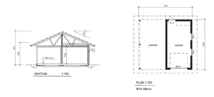 Arkitektritning av en garage och carport med måttangivelser och sektionsskiss, samt plintar och skrotplankor tecknade.