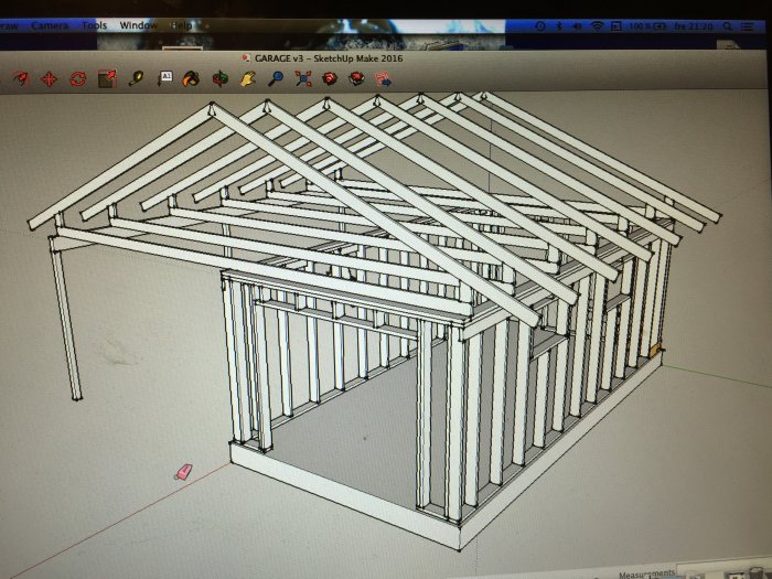 3D-modell av en garagestomme ritad i SketchUp med tydliggjord takstol och väggstruktur.