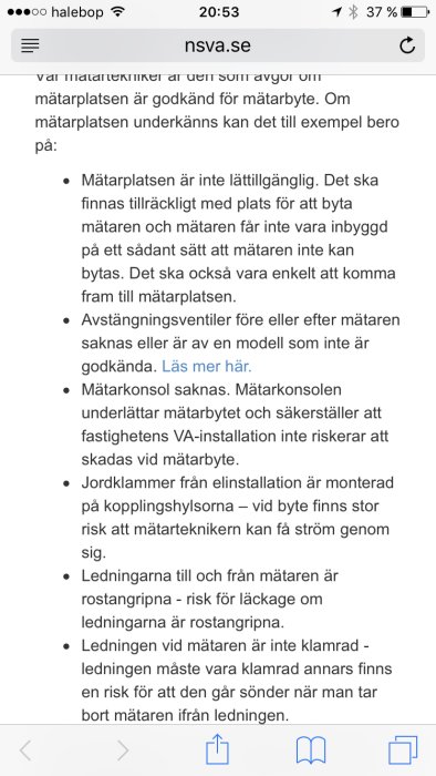 Skärmdump av en webbsida med text som beskriver krav för vattenmätares placering och installation.