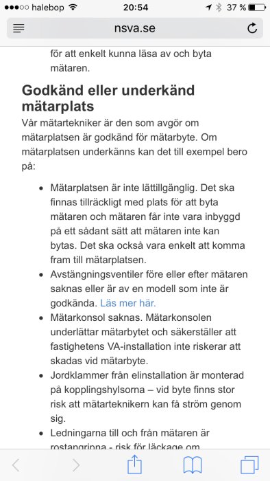 Skärmdump från en webbplats som visar kriterier för godkända mätarplatser.