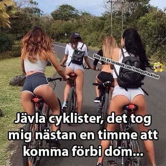 Fyra kvinnor i korta byxor cyklar på en väg med text som uttrycker irritation över tiden det tar att köra förbi dem.