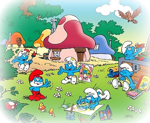 Illustration av Smurfbyn med smurfar som målar och engagerar sig i olika aktiviteter framför svampformade hus.