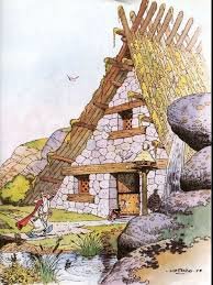 Illustration av ett sagolikt stenhus med halmtak omgivet av berg och natur, inspirerat av Elsa Beskows Hattstugan.