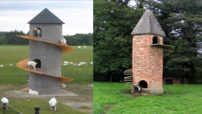 Två torn för djur med spiraltrappor och platåer för får att stå på.