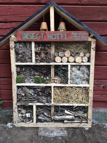 Ett hemmagjort insektshotell av trä med olika naturliga material i fack mot en röd trävägg.