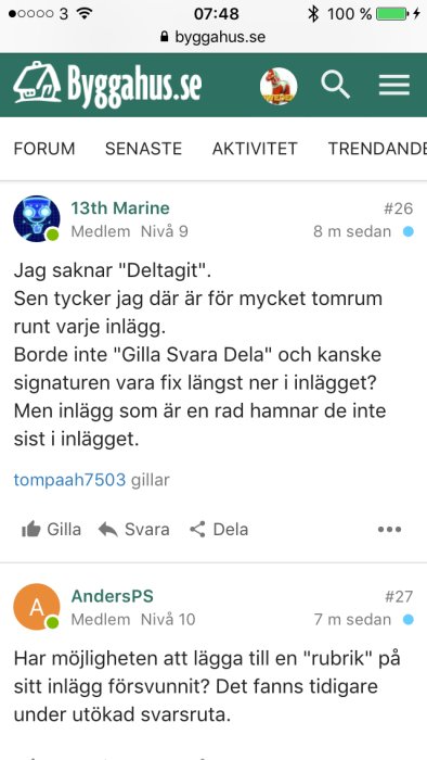 Skärmdump från en diskussionstråd på byggforum med användarkommentarer och interaktionsknappar.