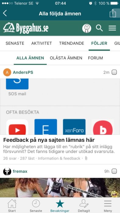 Skärmbild av forumet Bygghus.se som visar användarinterfacet med två färgade ramar i toppen.