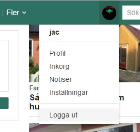 Dropdown-meny på en webbplats med användarens avatar och alternativ för Profil, Inkorg, Notiser, Inställningar och Logga ut.
