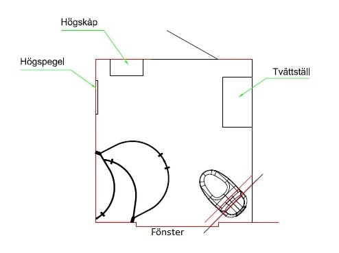 Ritning av badrumsplan med u-dusch nära fönster, högskåp, hög spegel och tvättställ.