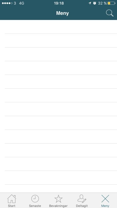Skärmdump av en mobilapplikationsmeny med tomma listrader och öppnad menyflik.