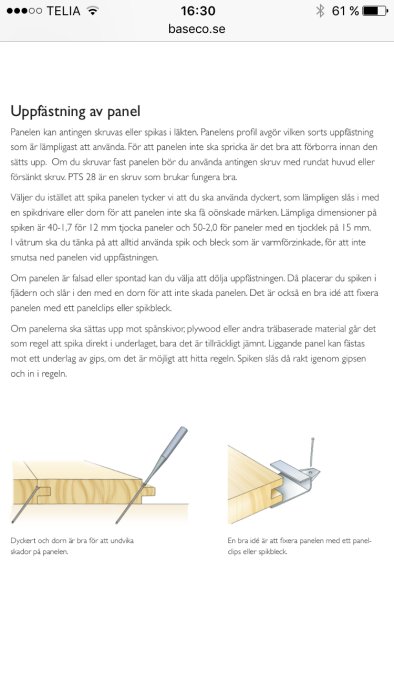 Illustration av hur man skruvar i en fjäder i panel för att undvika synliga skruvhuvuden.