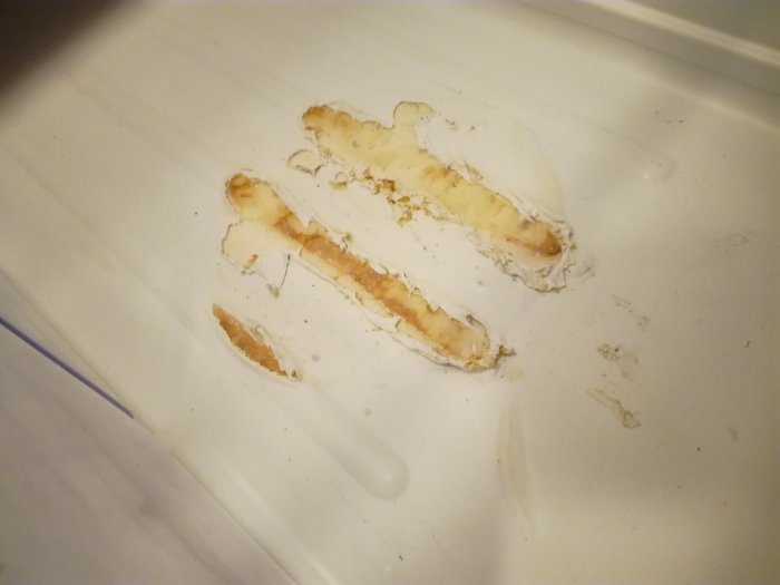 Brännskador på vit yta i kylskåp där en het kastrull placerats, med synliga smälta plastspår och missfärgningar.