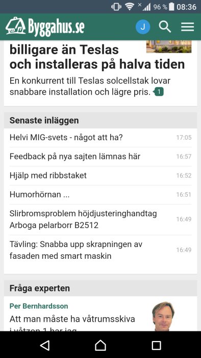 Skärmdump av diskussionsforumets sida med lista över senaste inlägg och diskussionstrådar.
