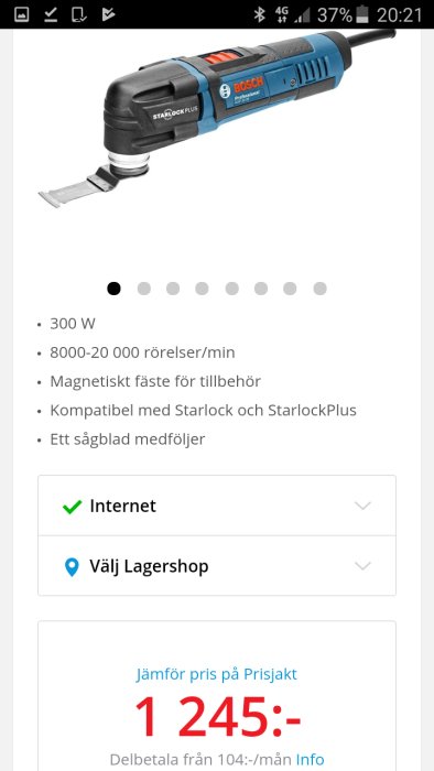 Bosch professionell multiverktyg med specifikationer och pris på skärmen.