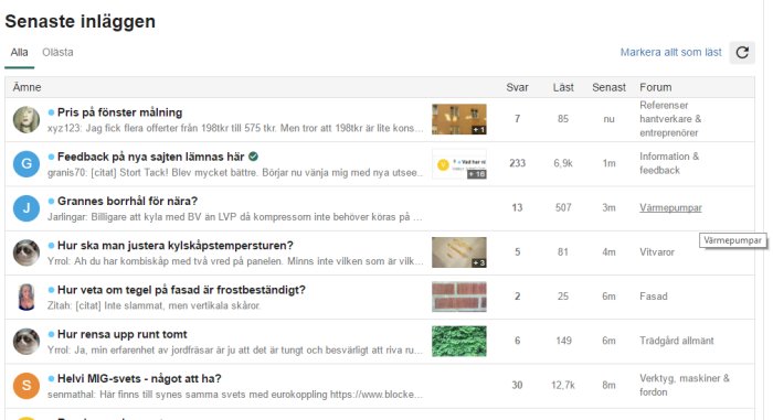 Skärmdump av ett diskussionsforum med olika trådar och svar listade under rubriken "Senaste inläggen".