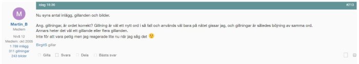 Skärmdump av ett foruminlägg med grå bakgrund, användarinformation och diskussion om designförslag.