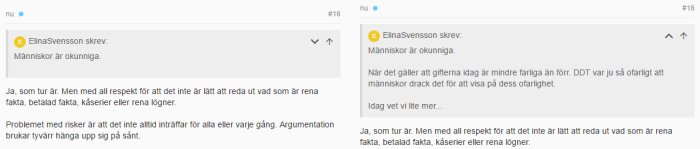 Skärmdump av två diskussionsinlägg, ett ihopfällt och ett utfällt, med citat och kommentarsfält.