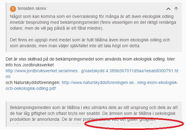 Skärmdump av ett diskussionsforums inlägg med bugg där ett citat inte går att expandera.