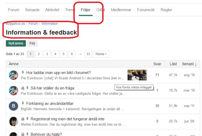 Skärmdump av forum med markerad flik "Följer" och en öppen tråd om "Information & feedback".