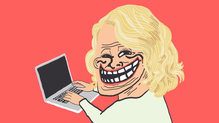 Illustration av en person med överdrivet leende som skriver på en laptop.