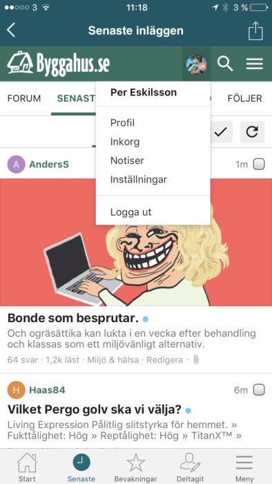 Skärmdump av diskussionsforumet Byggahus.se med användargränssnitt och en profilbild.