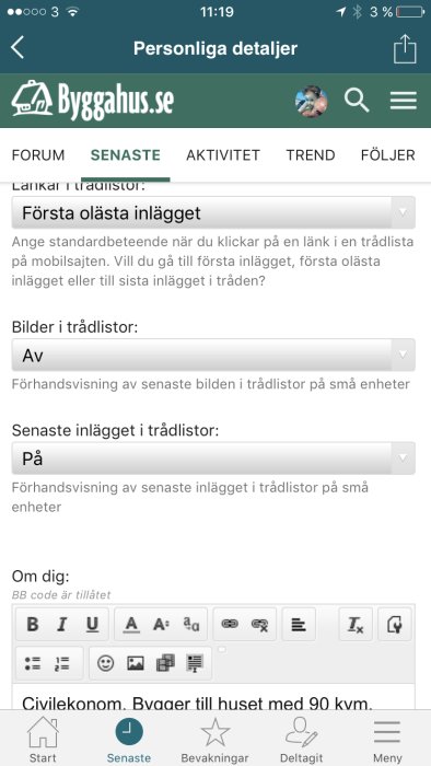 Skärmdump av användarinställningar på Byggahus.se forum med olika alternativ för läsningspreferenser.