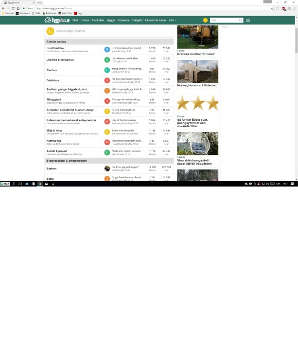 Skärmdump av diskussionsforum på Byggahus.se med en lista över ämnen och färgglada ikoner.