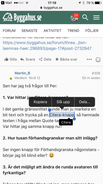 Skärmdump av diskussionsforum där en användare frågar om citationsfunktionen på mobilen och förhandsgranskning.