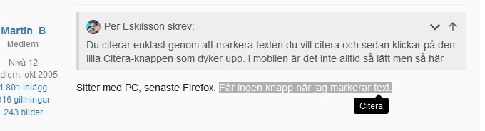 Skärmdump av ett diskussionsforums inlägg som visar text och en "Citera"-knapp.