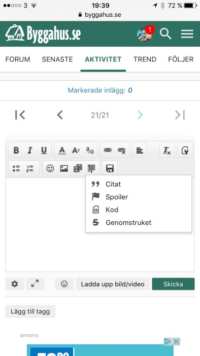 Skärmbild av texteditorns verktygsfält med öppen dropdown-meny för citat-knappen.