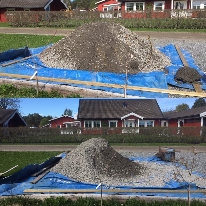 Högen av bärlager på presenning före och efter skyffling, med skottkärra och villa i bakgrunden.