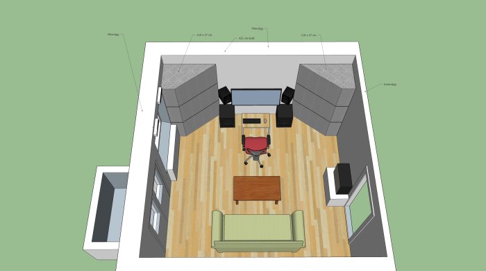 3D-ritning av ett rum med isoleringsskivor i hörnen och inredning såsom skrivbord och soffa.