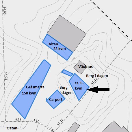 Översiktskarta som visar ett oregelbundet 35 kvm stort område markerat som 'Berg i dagen' nära ett växthus, omgivet av altan, gräsmatta och carport.
