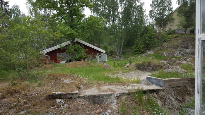 Oregelbunden utomhusplats med övervuxen gräs, stenar och gammal uteplats fundament framför röd stuga och vegetation.