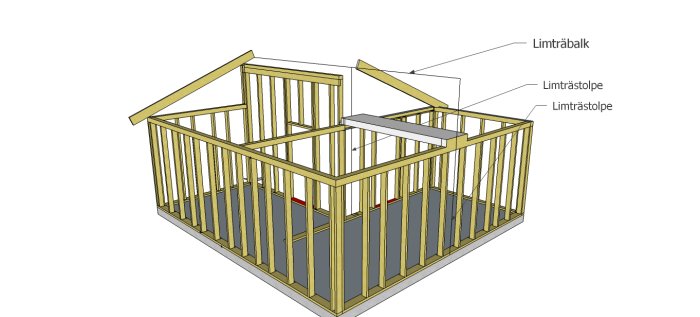 3D-ritning av en takkonstruktion med limträbalkar och -stolpar för ett byggprojekt.