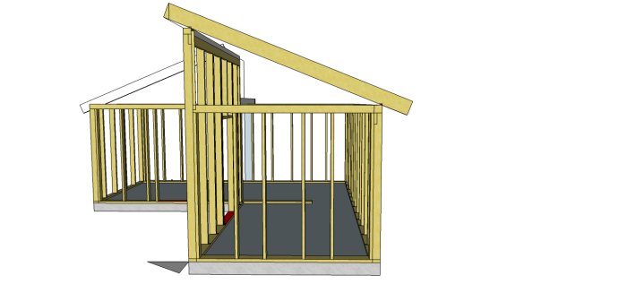 3D-modell av en konstruktion för ett trähus med synliga stolpar och takbjälkar med måtten angivna.