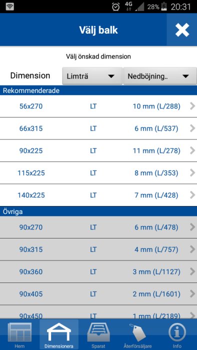 Skärmbild av en app för dimensionering av balkar med olika storlekar och nedböjningsvärden.