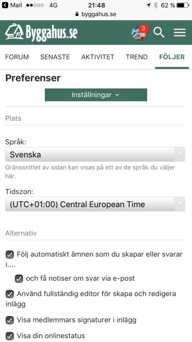 Skärmdump av byggforumets preferensinställningar med alternativet för e-postnotiser markerat.