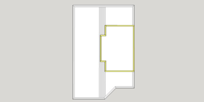 Schematisk ritning av husgrund utan ram, markerade för trallbräders placering.