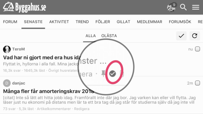 Skärmavbild av webbforum med markerad notifikationsikon som symboliserar bevakning av ämnen.