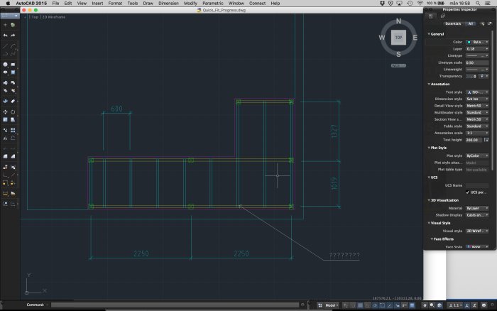 Skärmdump av en byggnadskonstruktionsritning i AutoCAD med måttangivelser och markerade bärlinor.