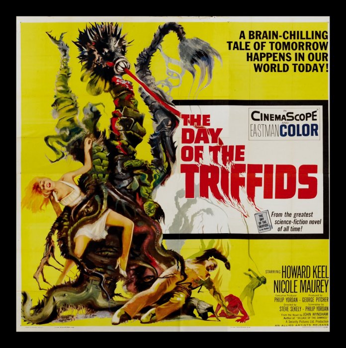 Retro filmaffisch för "The Day of the Triffids" med bild av monsterplantor som attackerar människor.