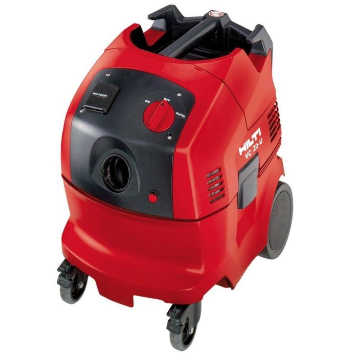 Begagnad röd Hilti VC 20 grovdammsugare utan slang och munstycke.