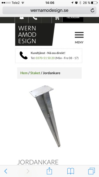 Skärmbild av en webbsida som visar ett metall jordankare.