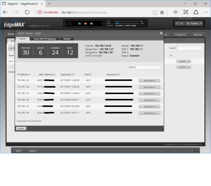 Skärmdump av DHCP-serverinställningar i en router med IP-adresser, MAC-adresser och hyrestider.