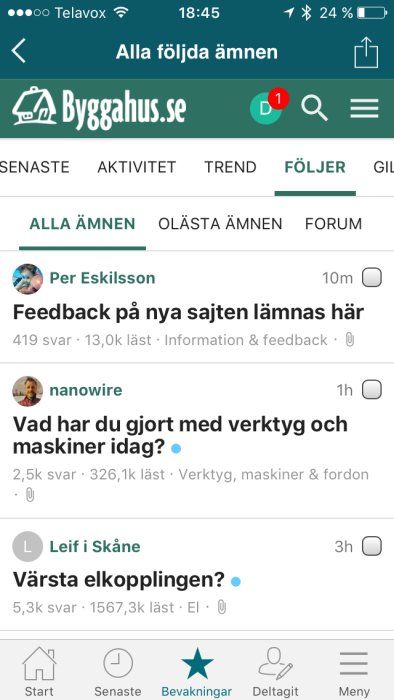 Skärmdump från diskussionsforum med inlägg listade och markör för oläst till höger om ämnesrubriker.